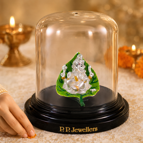 Peepal Vriksha Silver Ganesh Idol in Glass Dome