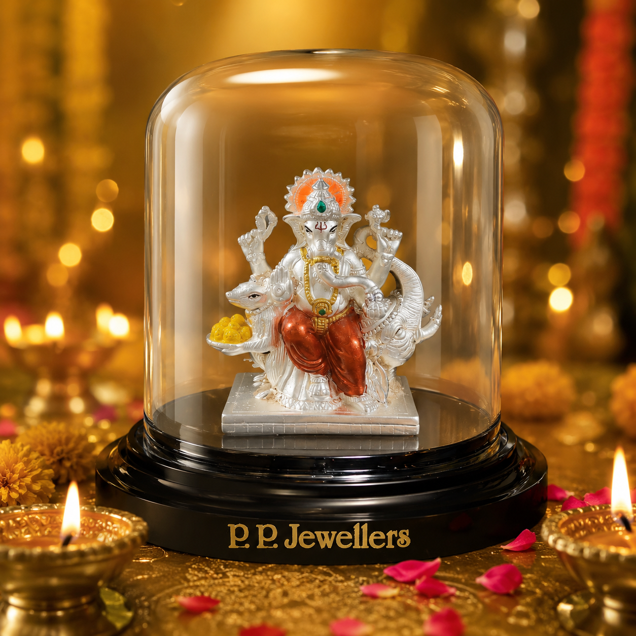 Vighnaharta Silver Ganesh Idol with Cow in Glass Dome
