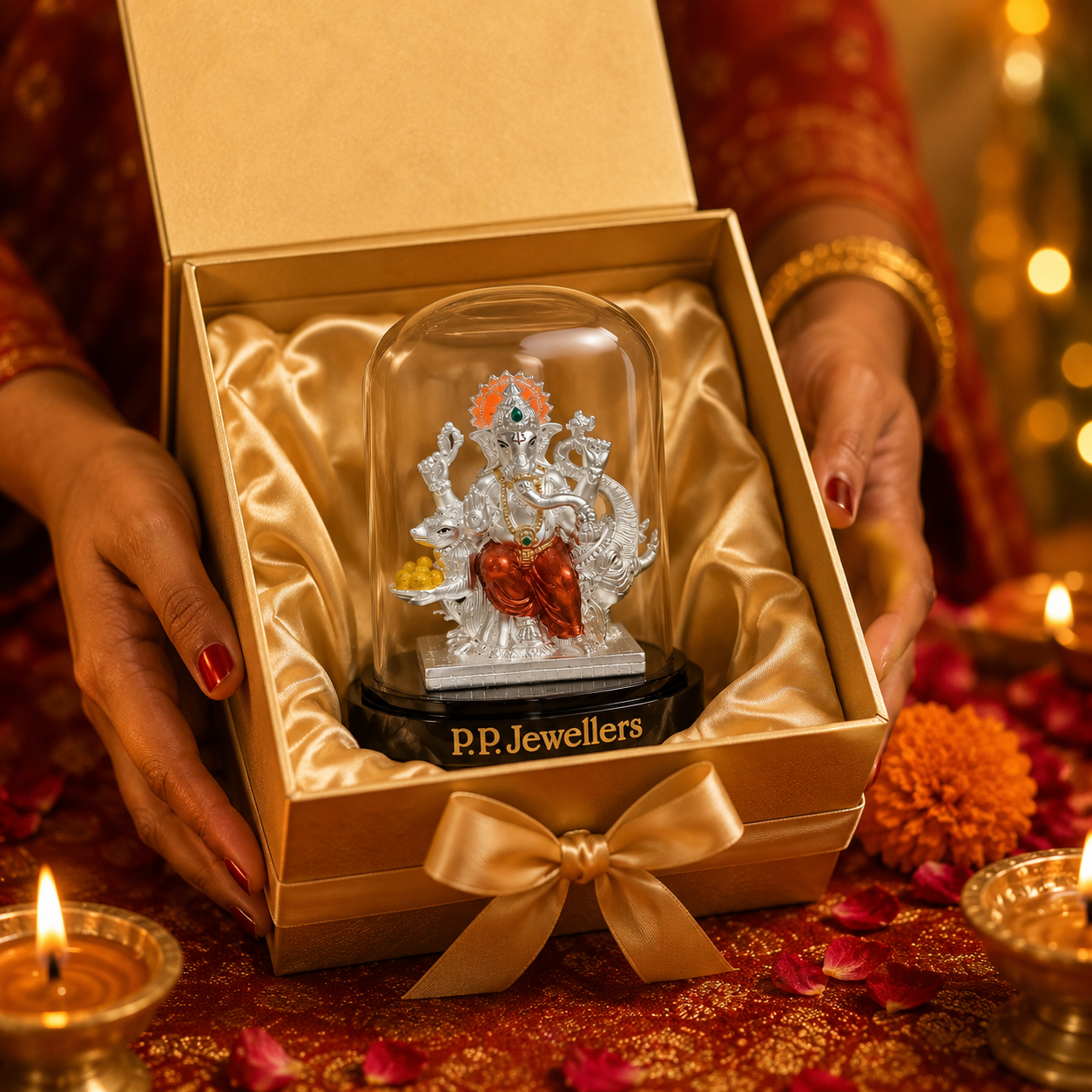 Vighnaharta Silver Ganesh Idol with Cow in Glass Dome