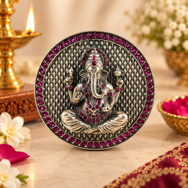 Ruby Halo Ganesha Silver Idol