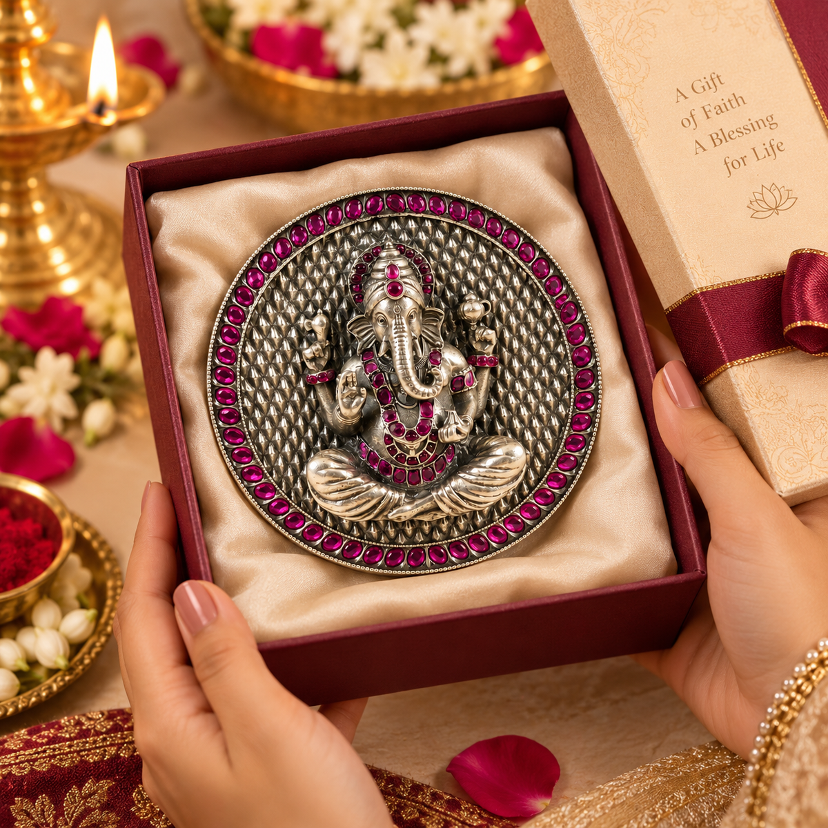 Ruby Halo Ganesha Silver Idol
