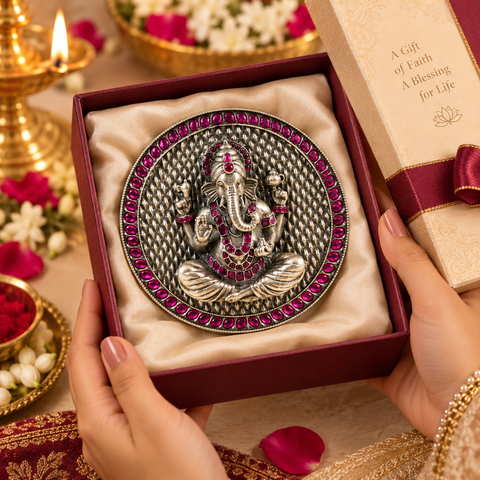 Ruby Halo Ganesha Silver Idol
