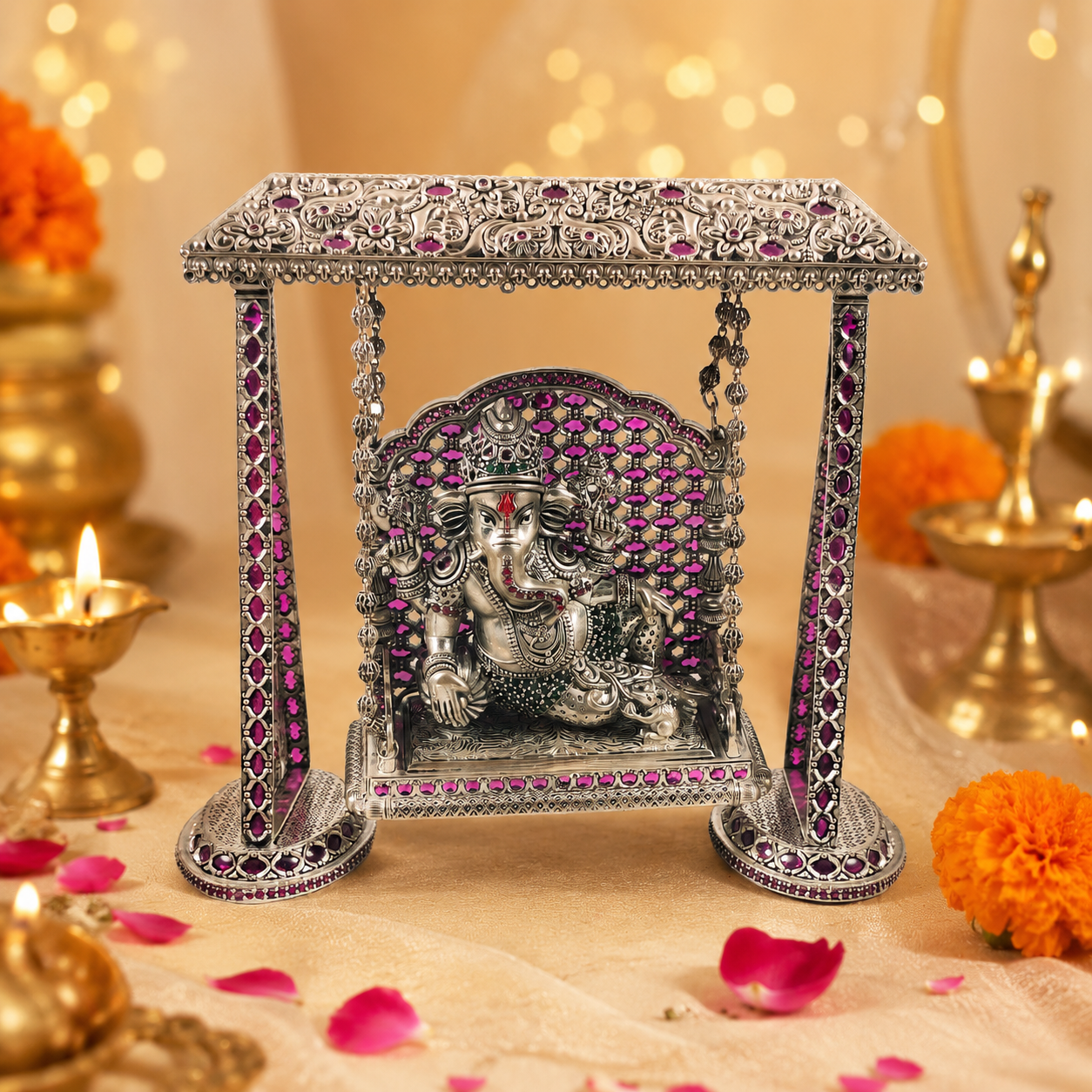 Rajwadi Ganesh Jhula Silver Idol