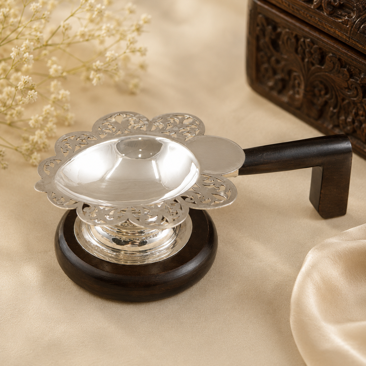 Nitya Silver Diya With Wooden Handle