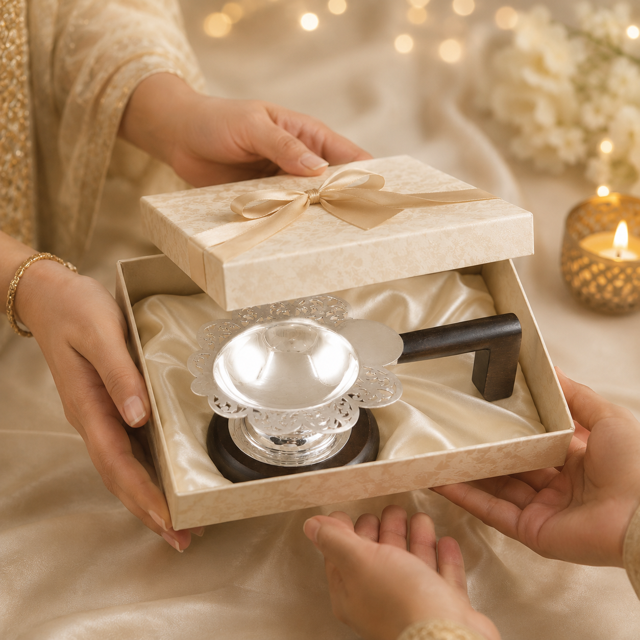 Nitya Silver Diya With Wooden Handle