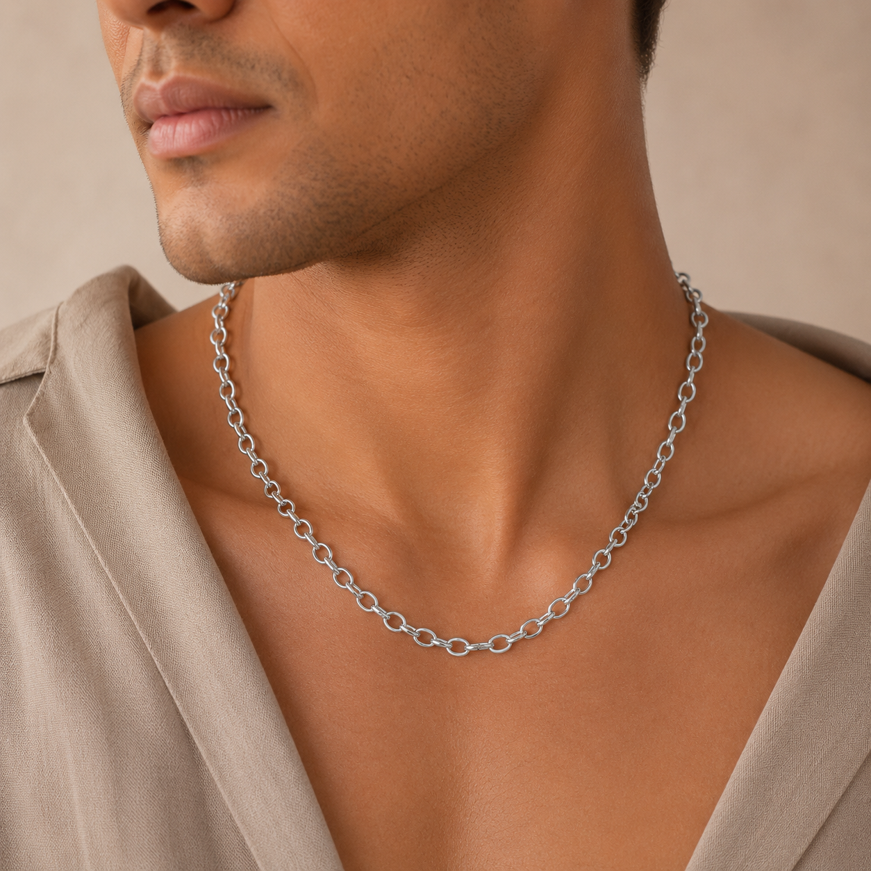 Dev Round Link Silver Chain For Him