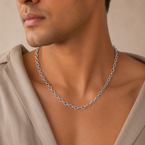 Dev Round Link Silver Chain For Him