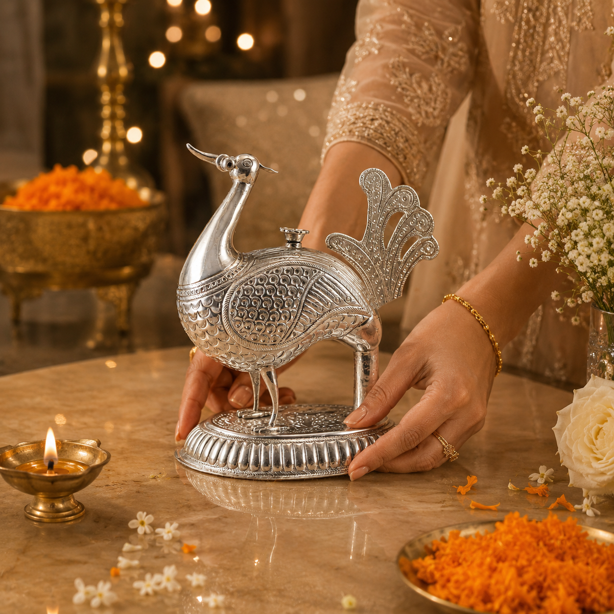 Arnavisha Antique Silver Decore Peacock Design