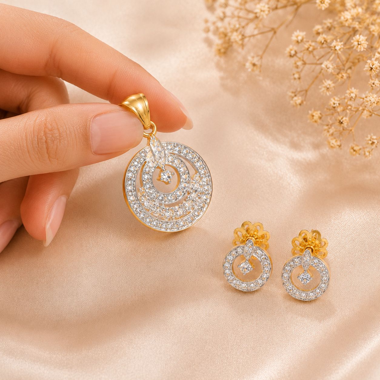 Nandini White Crystals Circular Gold Pendant Set