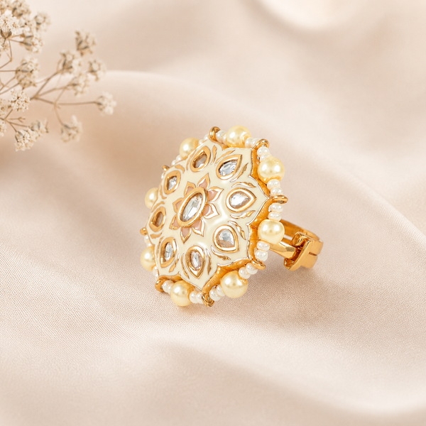 Kiyara Kundan Pearl Bloom Silver Ring