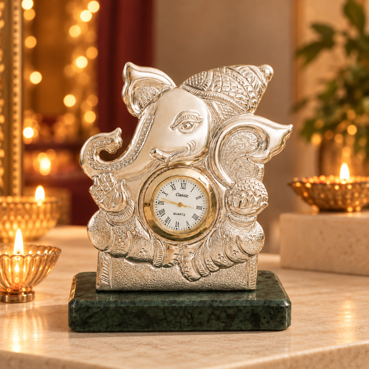 Blessings Ganesha Silver Table Clock