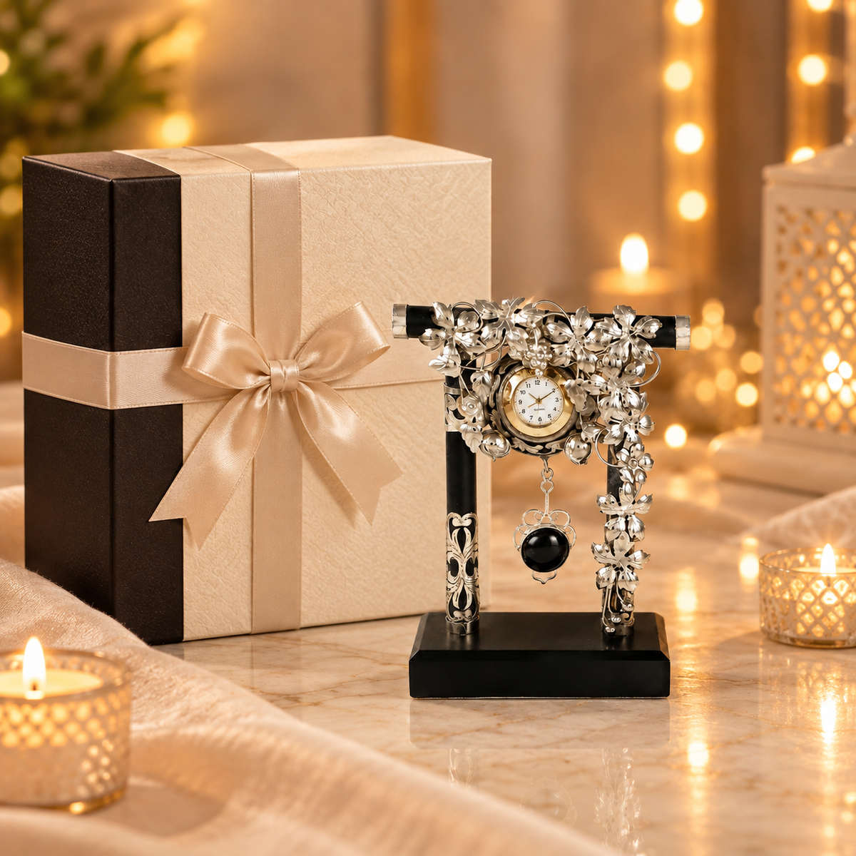 Royal Floral Pendulum  Silver Table Clock