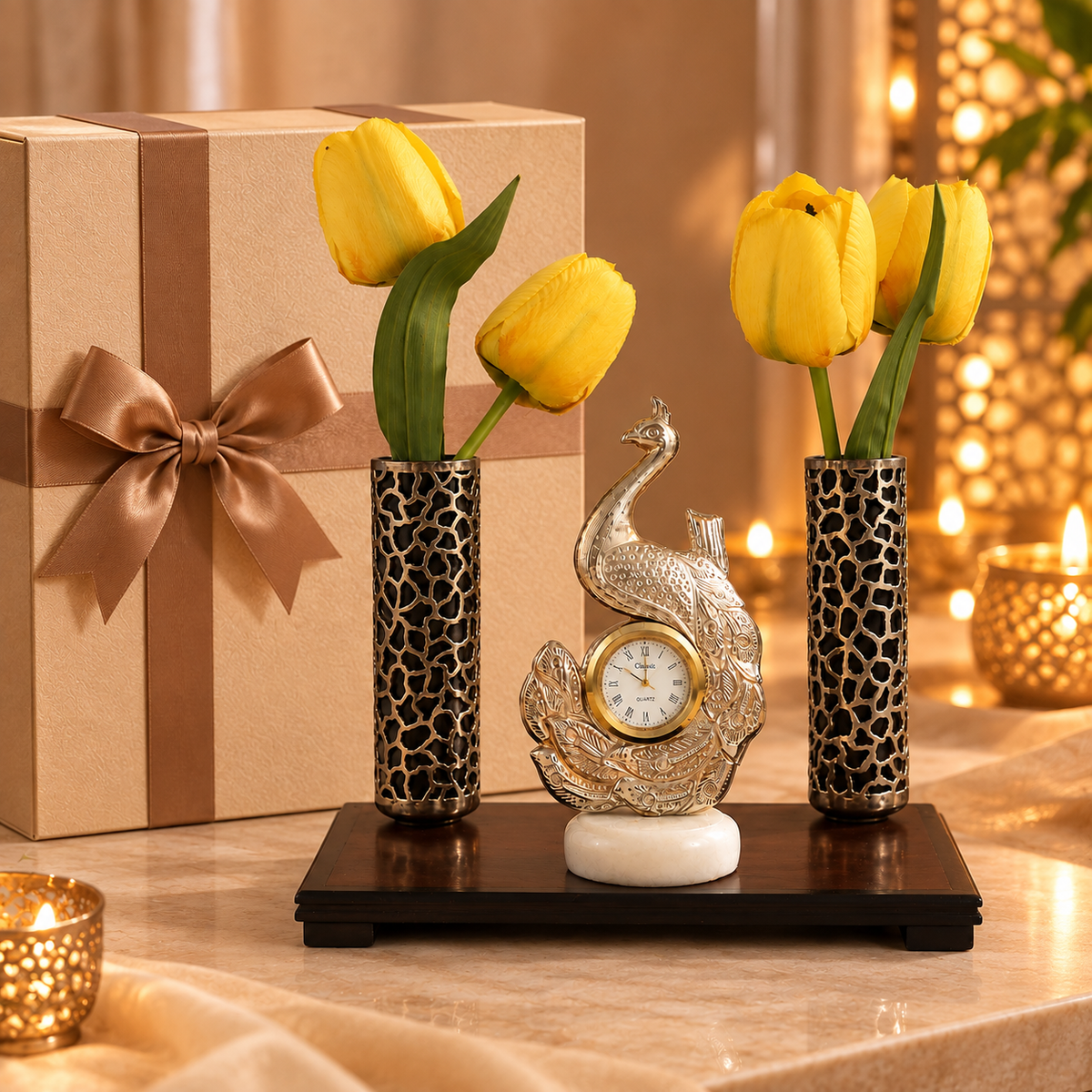 Peacock Glory Silver Table Clock