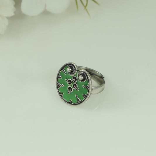 Gorgeous Green Enameled Silver Ring