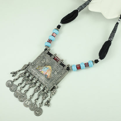 Gracia Red-Blue Thread Silver Necklace With Hand Painted Deity Motif