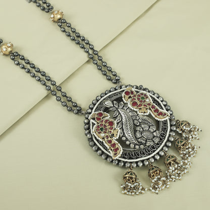 Drishti Dual Tone Silver Necklace With Peacock Motif