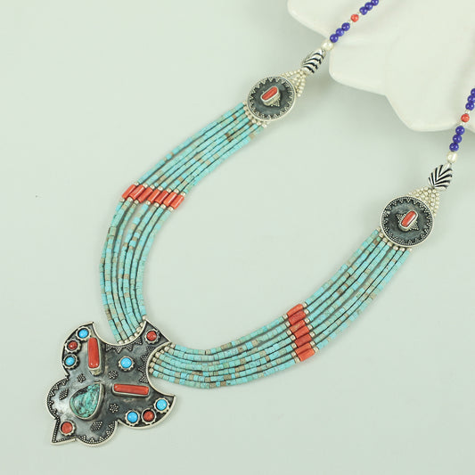 Turquoise-Orange Beaded Tribal Silver Necklace
