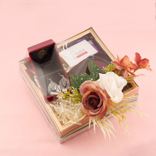 Sparkle & sweetness hamper Silver Earrings, anklet ,and chocolates
