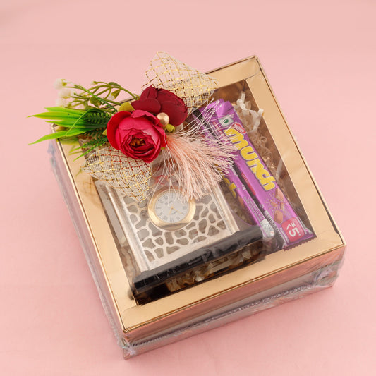 Gleam & Grace Hamper Silver Table Clcok,  Chocolates