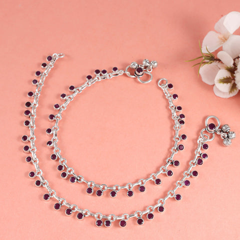 Navya Purple Stone Elegance Silver Anklets