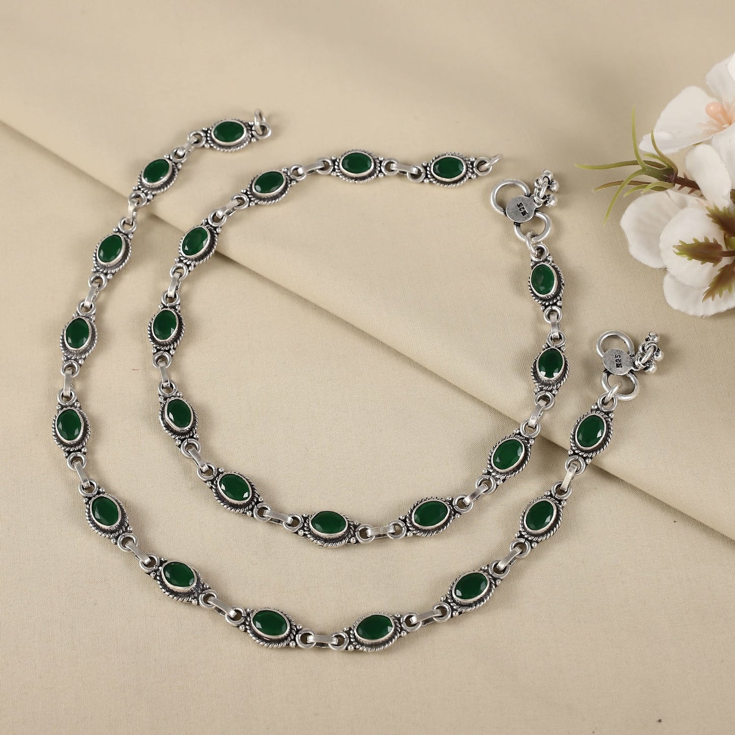 Aarohi Elegant green stone charm Silver Anklets