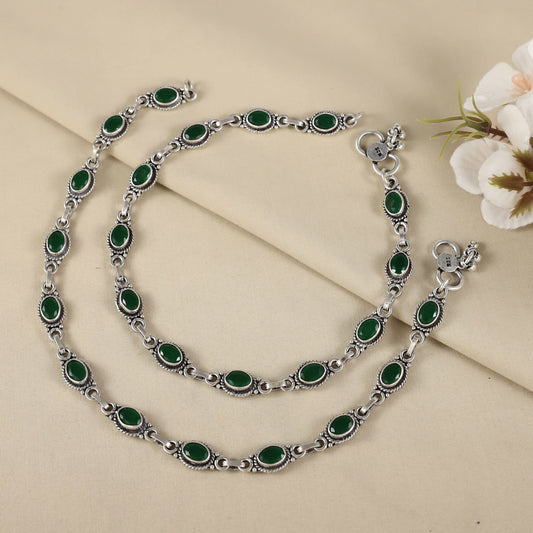 Aarohi Elegant green stone charm Silver Anklets