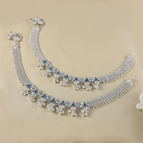 Jiya Floral Charm Dangling Silver Anklets