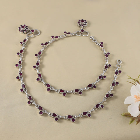 Mira Red Stone Elegance Silver Anklets