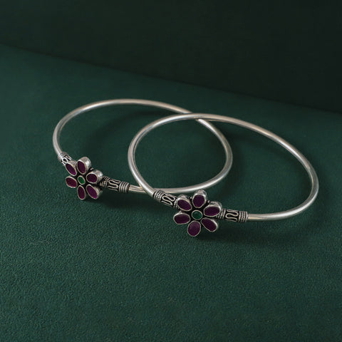 Sofia Floral Enamel Silver Kada Anklets