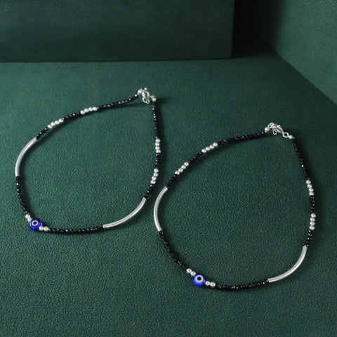 Ridhi Black Bead Charm Silver Anklets
