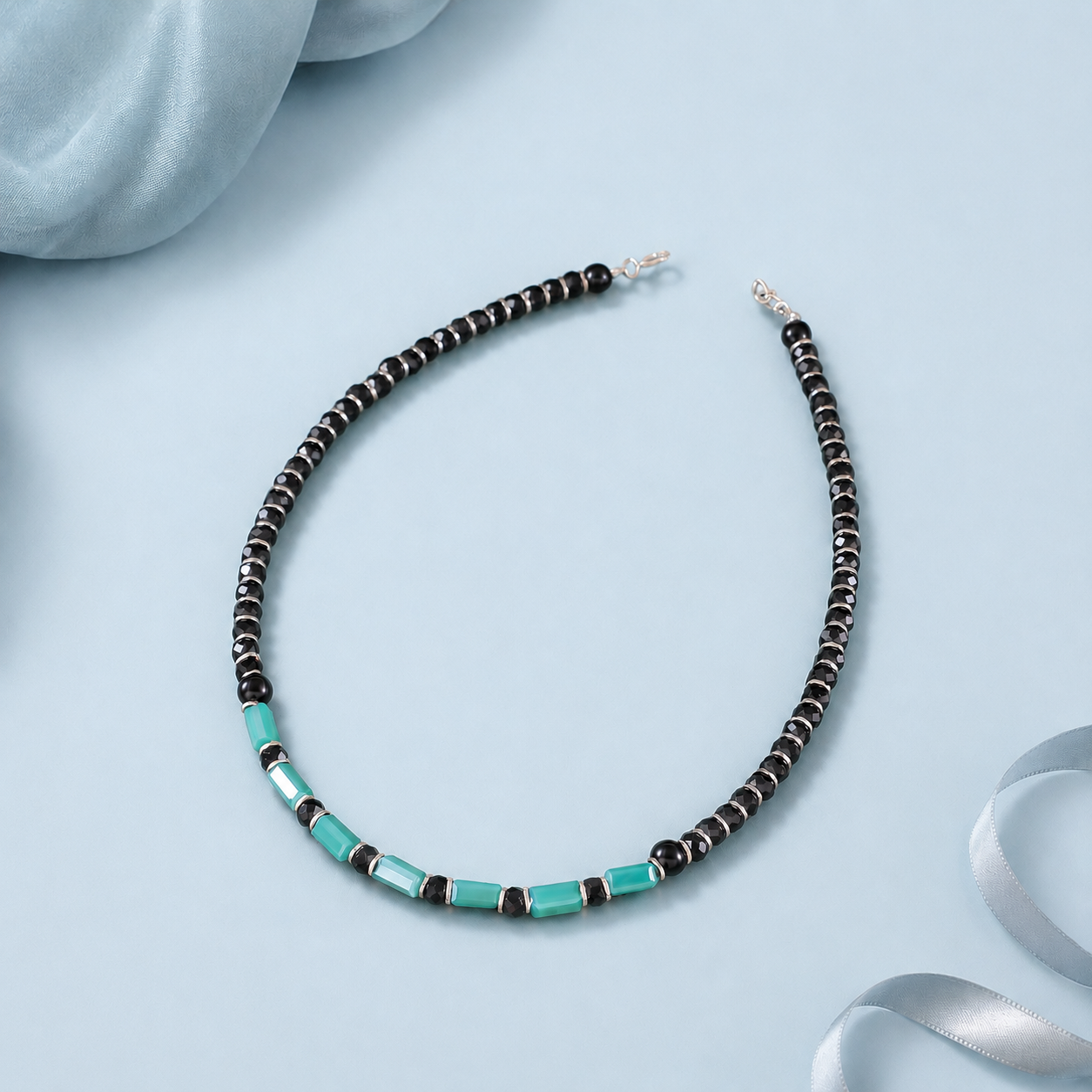 Avantika Black Blue Beads Silver Anklets