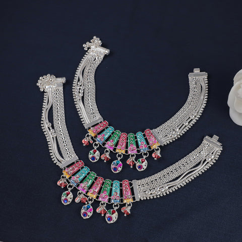 Iraaya Ethnic Colorful Charm Silvr Anklets