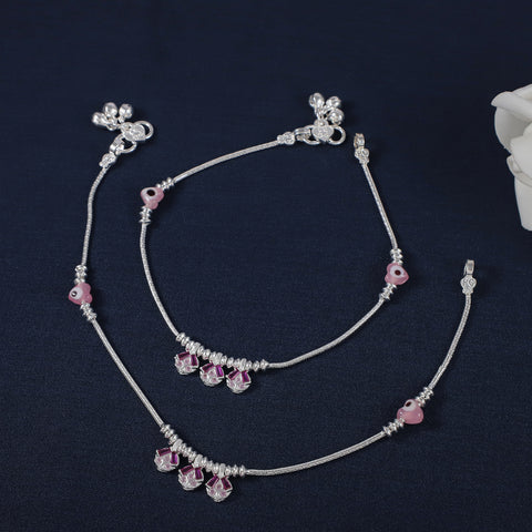 Elvika Graceful Pink Stone Silver Anklets