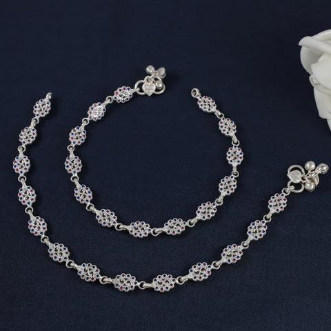Jia Floral Cluster Silver Anklets