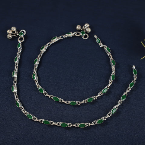 Myra Green Enamel Chain Silver Anklets