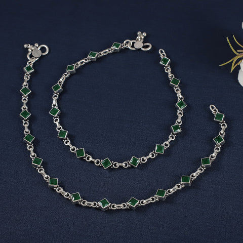 Minimal Square Green Stone Silver Anklets