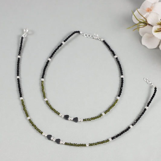 Dhwani Black Green Fusion Silver Anklets