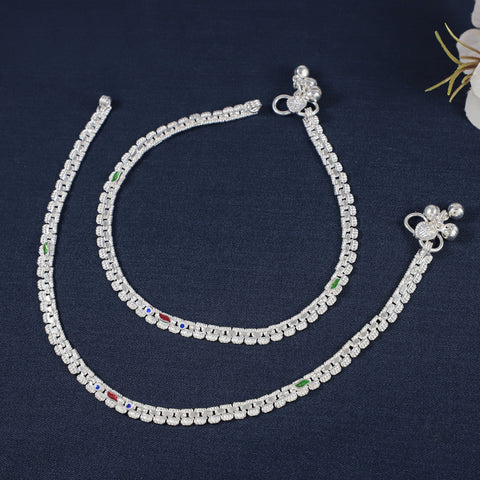 Reena Multistone Pattern  Silver Anklets