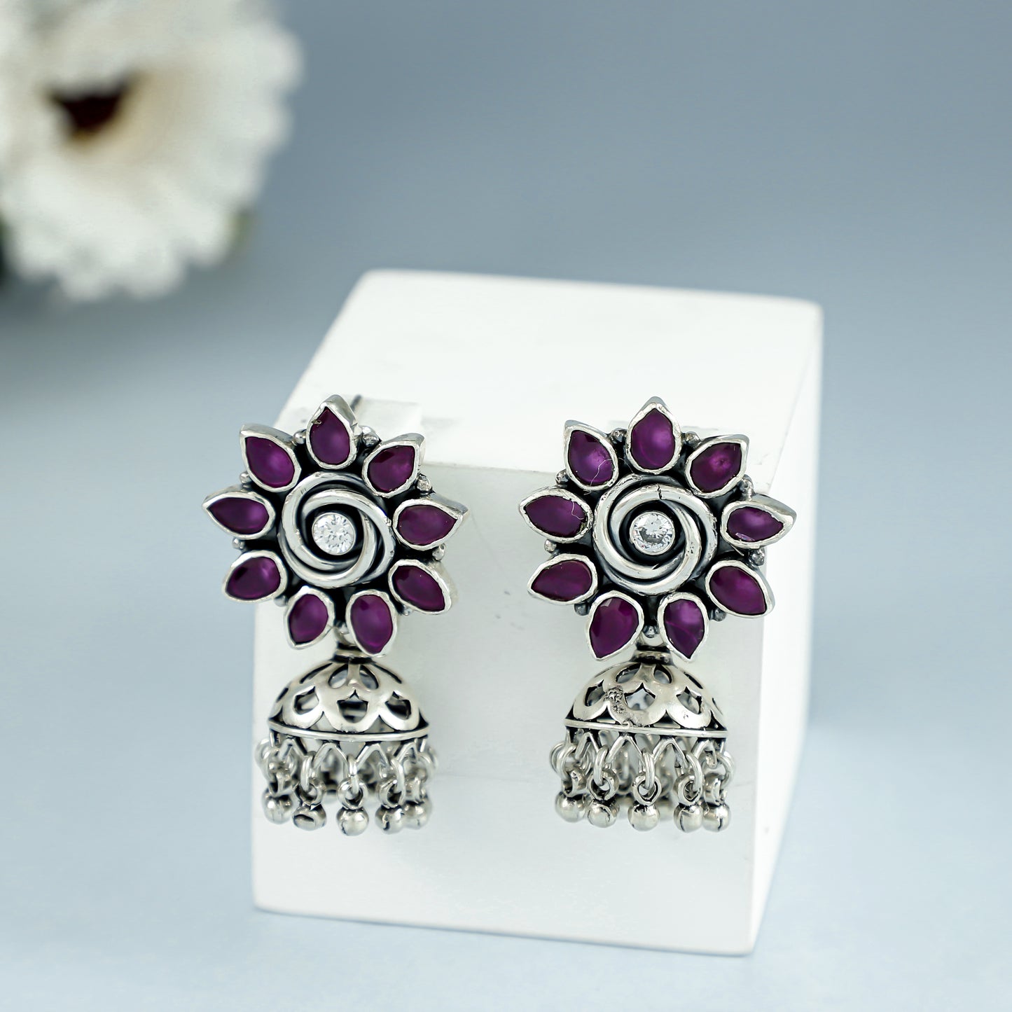 Reema Pink Floral Silver Earrings