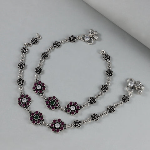 Rinika Antique Floral Grace Silver Anklets