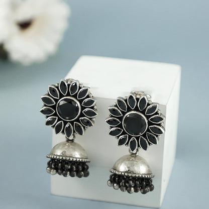 Atashi Black Floral Silver Earrings