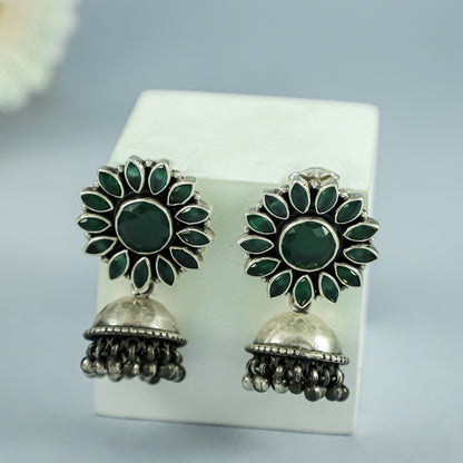 Atashi Green Floral Silver Earrings