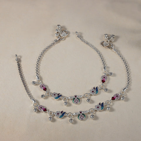 Lerisha Peacock Charm Silver Anklets