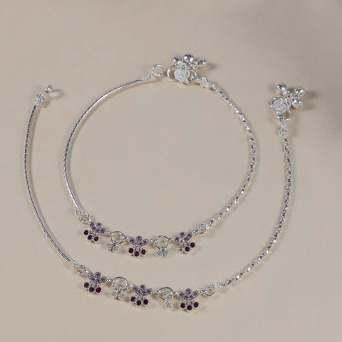 Shanvi Floral Ruby Silver Anklets