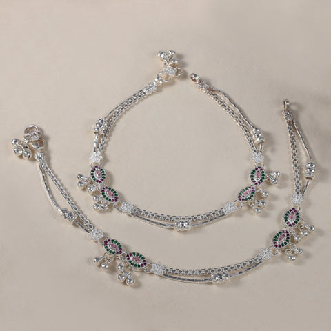 Advika Floral Dangle Silver Anklets