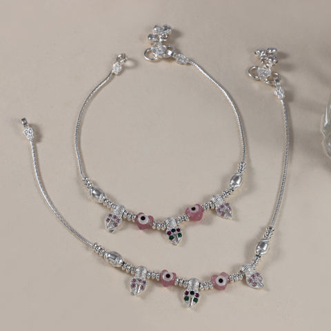 Meera Leaf Pink Motif Silver Anklets