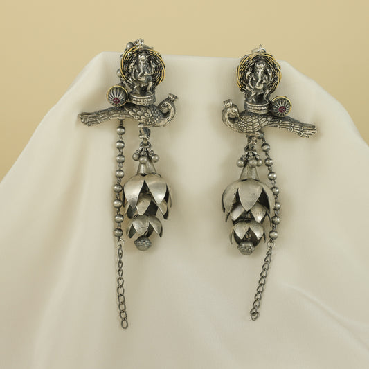 Aaradhya Silver Earrings with Peacock and Deity Motif