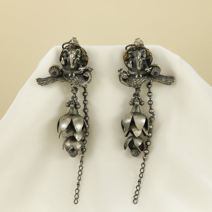 Divisha Silver Earrings with Peacock and Deity Motif