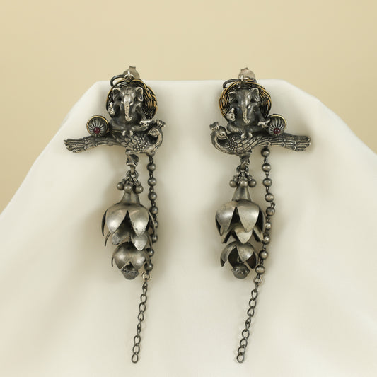 Divisha Silver Earrings with Peacock and Deity Motif