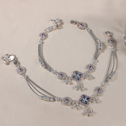 Mehar Regal Floral Design Silver Anklets